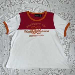 Vintage Harley-Davidson Red and White Cotton Tee with Orange Accents size 1W